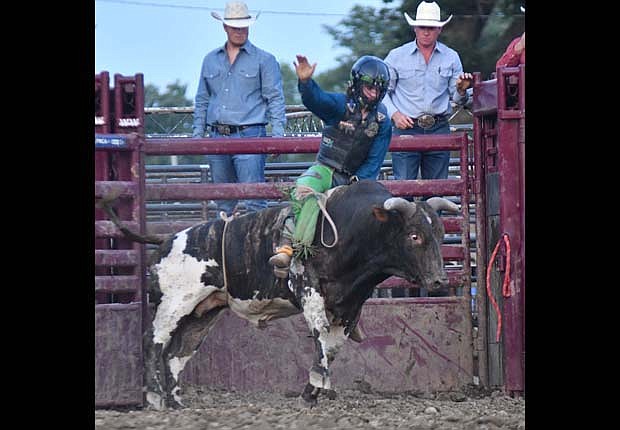 Tyler Manor, 18, of Portland rides a bull during Tuesday night's rodeo at the Jay County Fair. Manor officially kicked off his career in late October and eventually worked his way to the Professional Bull Riders World Championship in May.