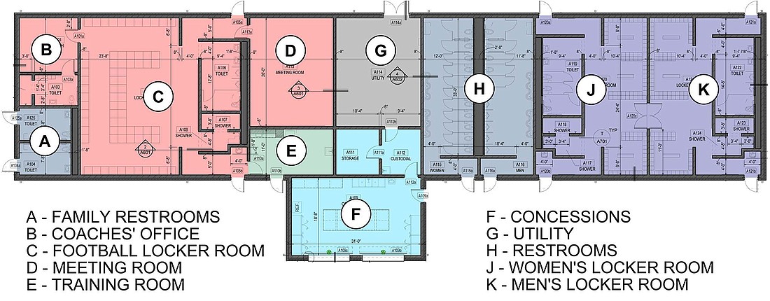 The above diagram shows the proposed layout of a new locker room, concessions and restroom facility to be constructed at the northeast end of the football field at Jay County Junior-Senior High School. Jay School Board expects to review bids for the project, which also includes adding synthetic turf to the football field, at its September meeting. (Barton Coe Vilamaa)