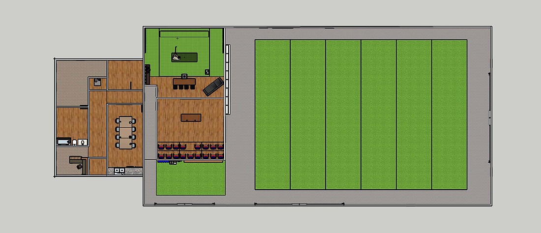 Pictured is the updated layout to Jay County Baseball ClubÕs outdoor-sports facility, The Clubhouse. At left there is office space leading into the middle section with a golf simulator, classroom and arm care area, and at right is the main part of the facility with six batting cages with turf and nets. (The Commercial Review/Andrew Balko)