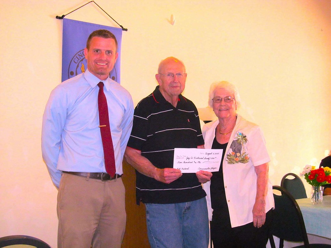 Cincinnatus League recently gave $500 to Jay County Historical Society for the Heritage festival. Pictured, from left, are Cincinnatus League president Drew Houck, Jay County Historical Society representative Bob Vance and Cincinnatus League member Julia Schwomeyer. (Photo provided)