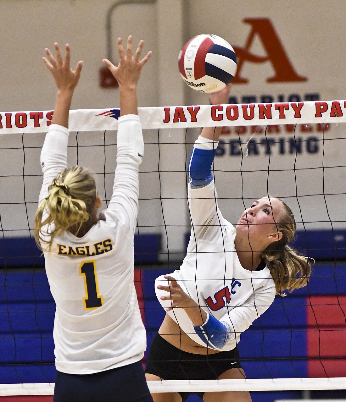 Senior Maggie Dillon attacks a ball during the Jay County High School volleyball team's match against Delta on Thursday. Dillon had 10 kills and 11 digs in the four-set loss. (The Commercial Review/Ray Cooney)