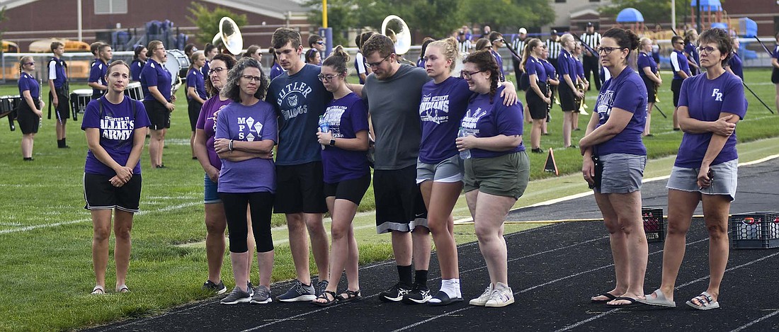 The families of Joe Bruns (above) and Ed Wehrkamp (below) were invited onto the field at Friday night’s Fort Recovery High School football game against Urbana as each was honored for their contributions. Bruns, who died Thursday, was a longtime teacher and coach at FRHS, including the girls golf coach at the time of his death. Wehrkamp was one of the driving forces for the creation of the Indians’ football program and longtime support of Indian athletics. (The Commercial Review/Ray Cooney)