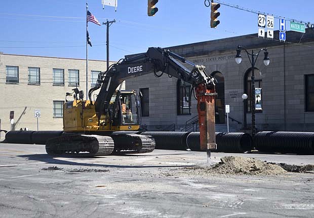 Portland’s Meridian Street storm sewer project expanded Tuesday morning with the closure of the street between Water and Main streets. The intersection of Meridian and Water streets is expected to be closed for three weeks. (The Commercial Review/Ray Cooney)