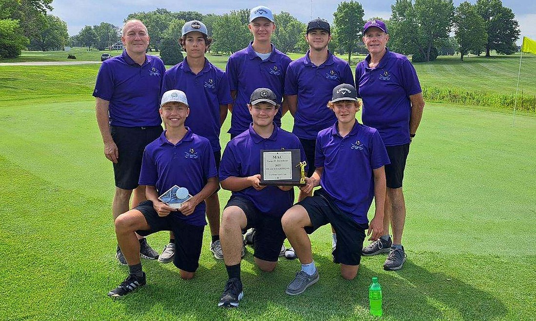 The Fort Recovery High School junior varsity boys golf team won the JV Midwest Athletic Conference Championship on Saturday. Pictured in the front from left are Caleb Smith, Riley Grieshop and Colson Post. Back row are assistant coach Greg LeFevre, Evan Keller, Reece Evers, Sage Wemde; and coach Dean Sanders. (Photo provided)