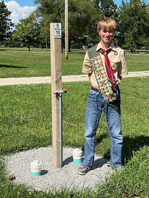 Boy Scouts Troop 202 of Portland recently had three scouts complete their Eagle projects. Pictured above, Ty Paxson installed gravel under faucets to solve erosion issues in the campsites at Jay County Fairgrounds.
Below, Hayden Richman planted more than 80 trees at Jay County Fairgrounds.At bottom, Austin Jellison built a gaga ball pit at Milton Miller Park in Portland. (Photos provided)