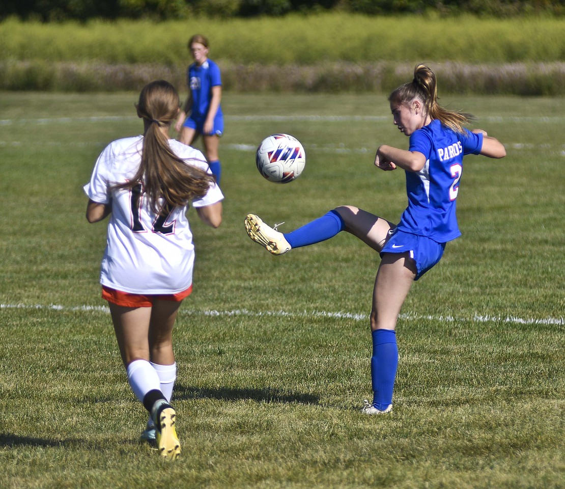 Jay County High School exchange student Naroa Zugasti Goicoechea keeps the ball in the Patriots’ offensive end during the first half of Saturday’s 4-1 loss to the visiting Coldwater Cavaliers. JCHS is now 1-4-1 heading into Tuesday’s game at Wapahani. (The Commercial Review/Ray Cooney)