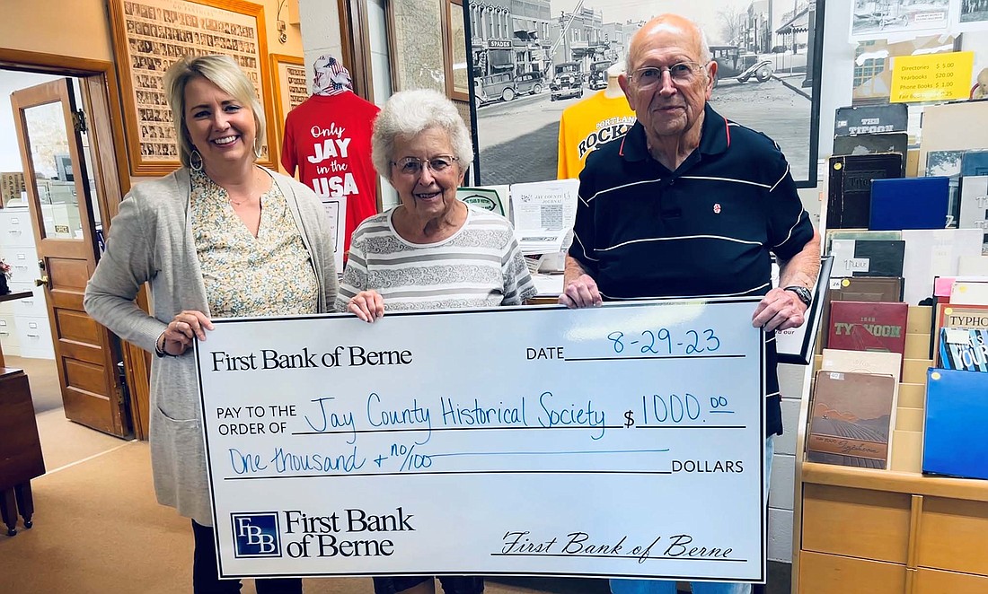 First Bank of Berne recently donated $1,000 to Jay County Historical Society. Pictured with First Bank of Berne’s Portland brand manager Tracy Carpenter are historical society co-vice president Kay Locker and treasurer Bob Vance. (Photo provided)