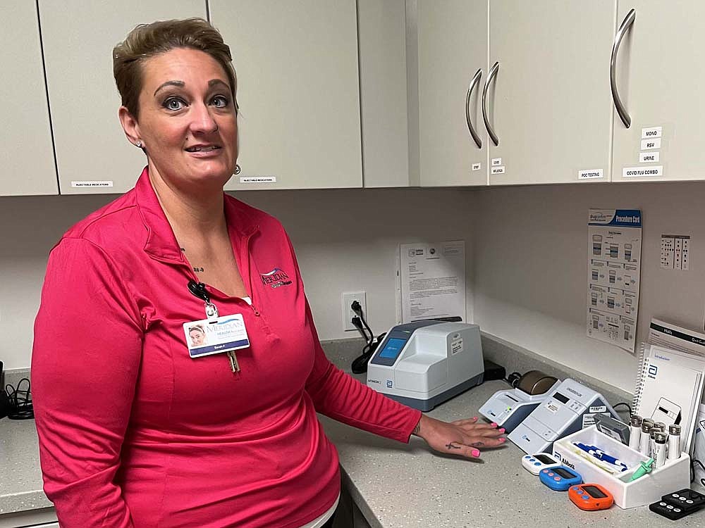 Practice manager Sarah Fredrickson shows the point-of-care lab at Meridian Health Services’ new office at 406 W. Votaw St. in Portland. The office opened last month as part of a series of new facilities for the organization. (The Commercial Review/Louise Ronald)