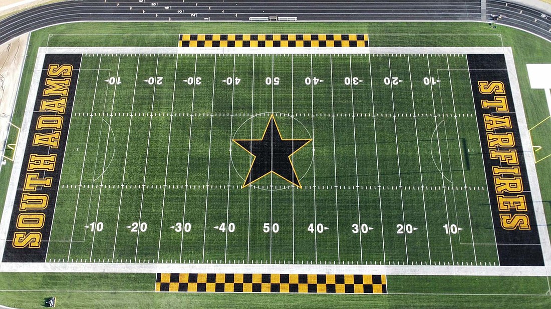 Pictured is an aerial view of South Adams High School’s new football field. The field has turf and will be used by the football and soccer teams as well as physical education classes. (Special to The Commercial Review/Mark Wynn)