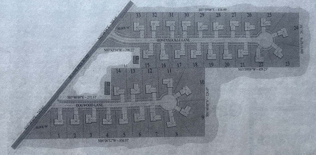 This plat drawing shows a 33-home subdivision that was in the planning stages in late 1998. The streets that were constructed became Honeysuckle Lane and Dogwood Lane. (Bonar Group)