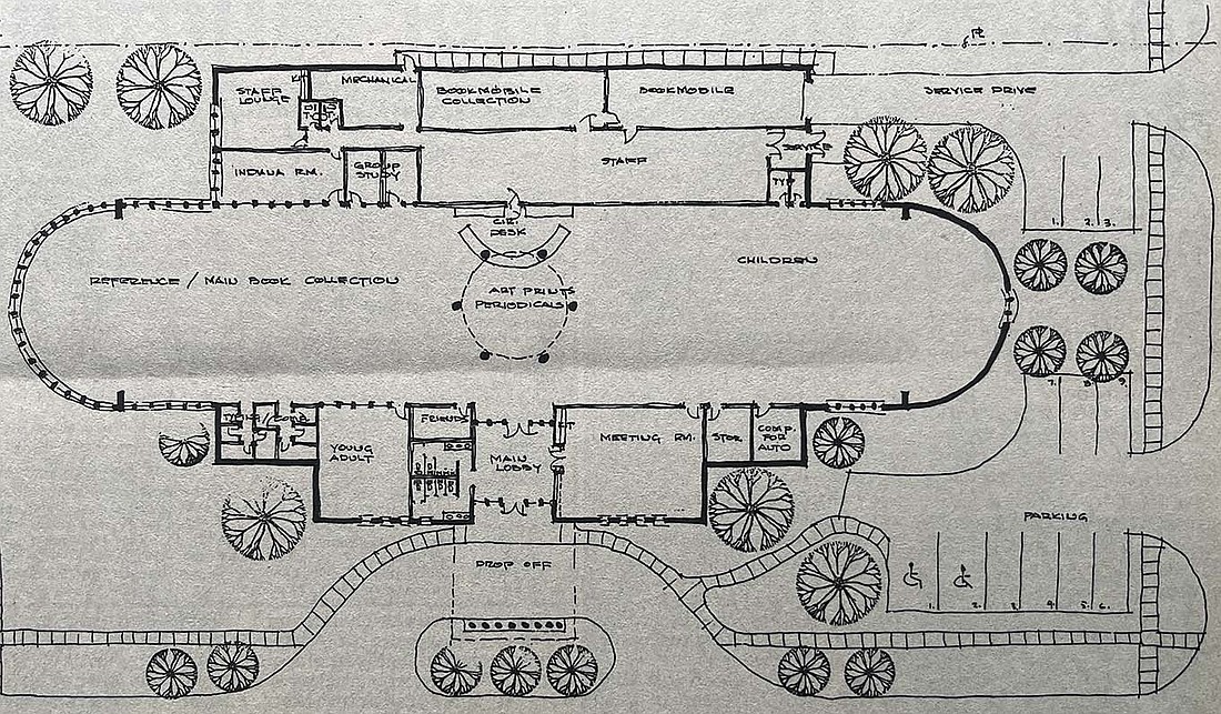 This architect’s concept shows the possible interior of a new Jay County Public Library that was being considered in 1993 for the site of the former C&C Lumber property on Ship Street in Portland. (Photo provided)