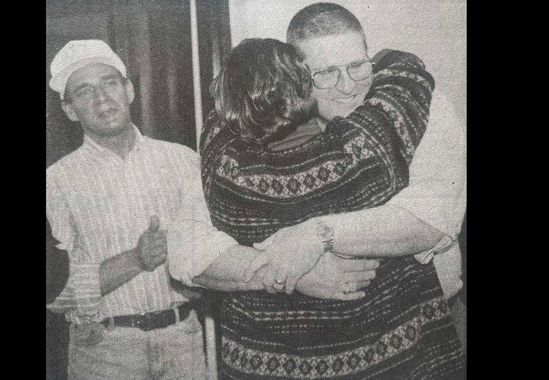 Todd Penrod gets a victory hug from his wife Joni on Nov. 3, 1998, during a gathering of local Republicans at Jay County Boys Club Community Center. Penrod defeated Democrat Jeff Harker in the race for Jay County Sheriff. (The Commercial Review/Barbara Wilkinson)