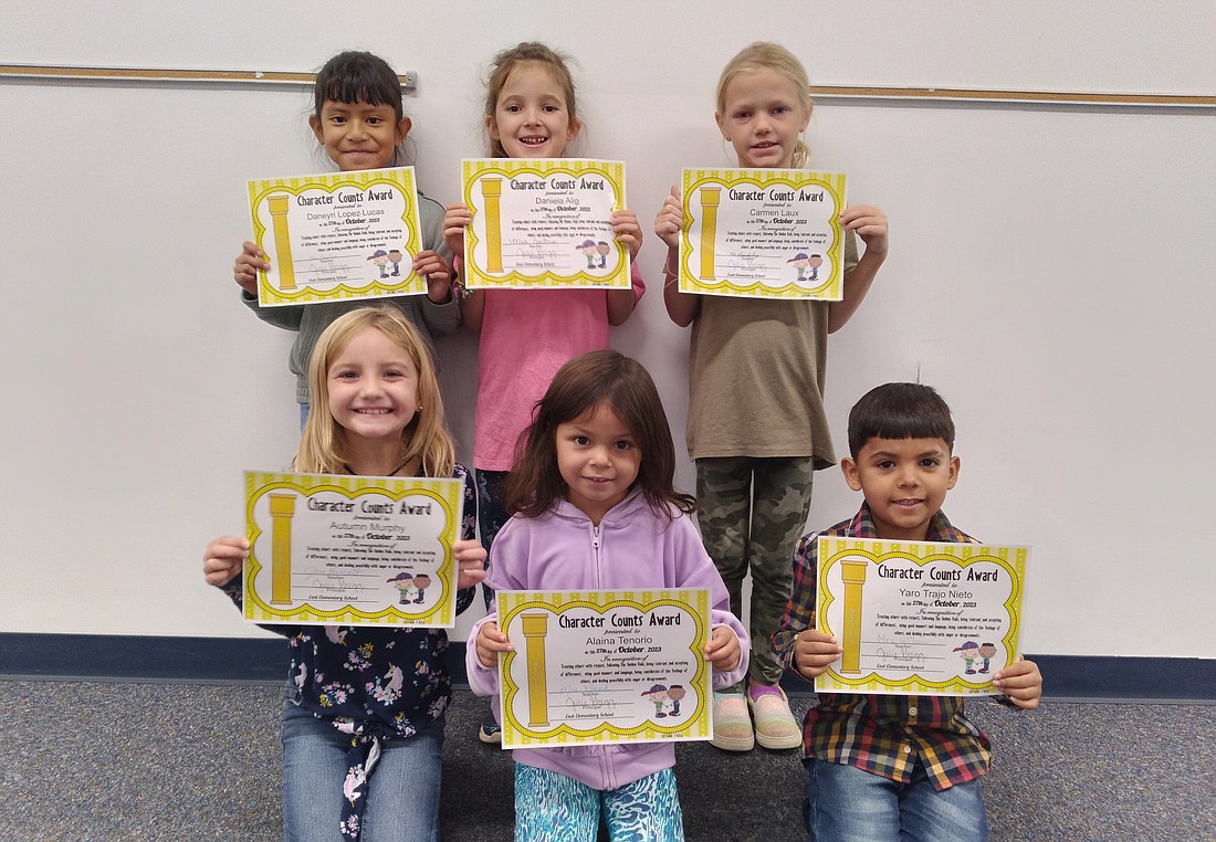 East Elementary first grade students recently won awards for demonstrating respect. Pictured above, front row, are Autumn Murphy, Alaina Tenorio and Yaro Trejo Nieto. In the back row are Daneyri Lopez-Lucas, Daniela Alig and Carmen Laux. (Photo provided)