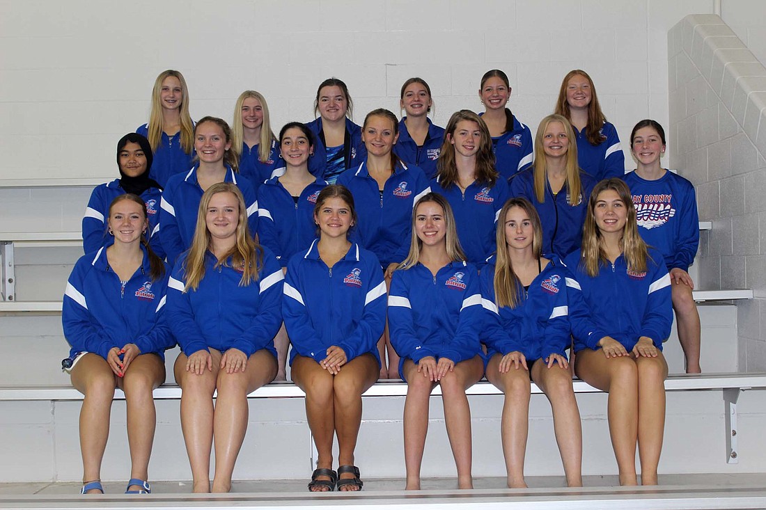 Pictured is the 2023-24 Jay County High School girls swim team. Front row from left are Morgan DeHoff, Kenzie Clayton, Zion Beiswanger, Nina Ribas Cesar, Naroa Zugasti Goicoechea and Maddy Snow. Middle row are Lily Awilya, Aubrey Millspaugh, Tikuna Japaridize, Kenzie Huey, Maisey Keller, Avery Wentz and manager Maria Laux. Back row are Lucy Mace, Kaylynn Clark, Emma Ransom, Ariel Beiswanger, Lauren Fisher and Sophia Hoevel. Not pictured are Hannah Laux and Callie Houck. (The Commercial Review/Andrew Balko)