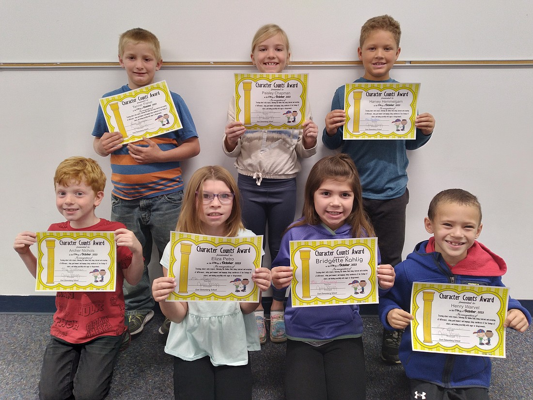 East Elementary second graders were recently awarded for showing respect. Pictured above, front row, are Archer Nichols, Eliza Petro, Bridgette Kahlig and Henry Warvel. In the back row are Tanner Fisher, Paisley Chapman and Harvey Hemmelgarn. Not pictured is Kyler Carrigan. (Photo provided)