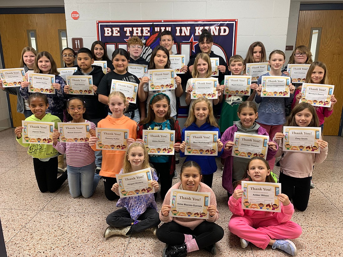 East Jay Elementary recently recognized the first nine weeks’ kindness awards.  These students were nominated for consistently showing kindness to their peers and staff at school. Pictured, front row, are Abigail Winters, Aime Macias-Gurrola and Amber Wilson. In the second row are Jaycee Rowe, Malak Elshiekh, Ramzey Huftel, Abbie Rowles, Maci Huelskamp, Emersyn Theurer and Zoey Smith. In the third row are Brittin Kahlig, Reyli Ramirez, Kara Fennig, Analise Perez, Kennedy Huftel, Wyatt Shawver, Carsyn Guggenbiller and Meralynn Owens. In the back row are Zoey Ankrom, Daisy Garcia-Benitez, Bristol Kahlig, Tristin Romine, Andrew Myers, Samiah Hill, Madi LeMaster and Seth Zizleman. (Photo provided)