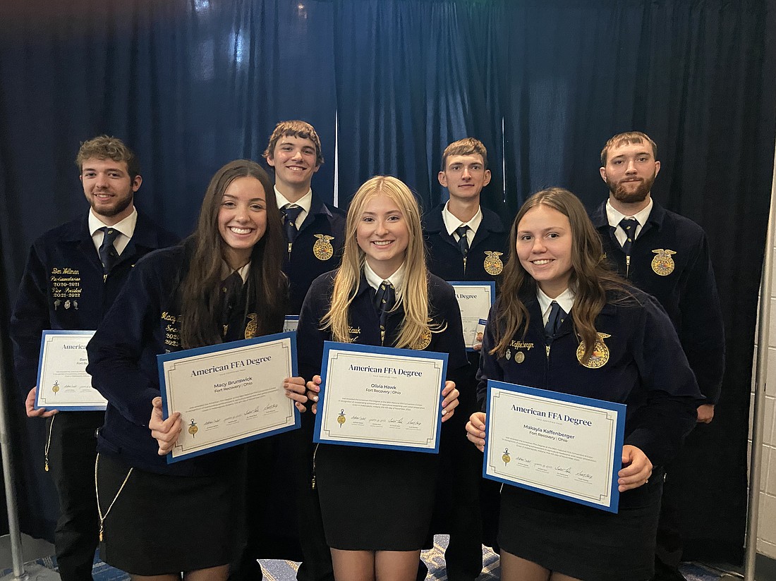 Seven Fort Recovery FFA members received their American FFA Degrees — it’s the highest degree a member can achieve — at the National FFA Convention this month. Pictured above, the recipients are, front row, Macy Brunswick, Olivia Hawk and Makayla Kaffenberger, and in the back row are Ben Wellman, Marcus Gaerke, Kalib Post and Logan Hartnagel. (Photo provided)