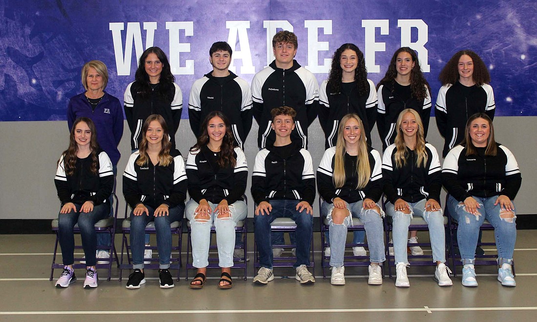 Pictured is the Fort Recovery High School Swimming and dive team for the 2023-24 season. Front row from left are Aubrey Shuttleworth, Autumn Leuthold, Allison Knapke, Caleb Smith, Olivia Albers, Makenna Huelskamp and Nevaeh Lennartz. Back row are coach Mindy Bubp, Teigen Fortkamp, Sage Wendel, Carson Fullenkamp, Paige Guggenbiller, Joelle Kaup and Theresa Hipple. (The Commercial Review/Andrew Balko)