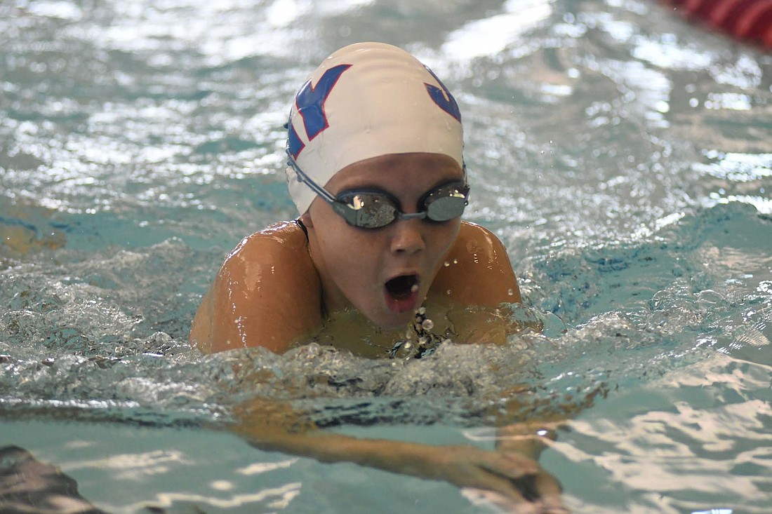 Jay County Winter Swim Team’s Addisyn Champ swims to victory Saturday in the 200-yard individual medley during the Jay Winter Invite. Champ was also first in the 50 freestyle, 50 backstroke and 100 freestyle. (The Commercial Review/Ray Cooney)