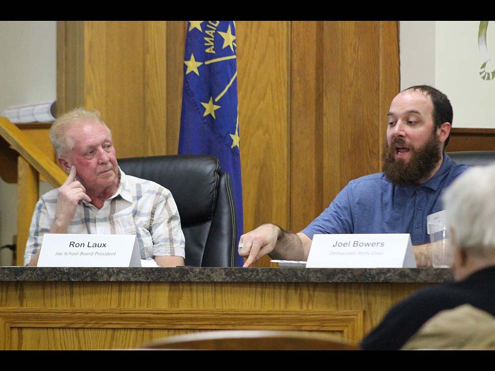 Jay County Purdue Extension Office and Jay County Clerk’s Office hosted a workshop Tuesday for those interested in running for elected office. It included a briefing on available county positions in 2024, presentations on requirements and election-related ethics and a panel discussion with elected officials and political party chairs. Pictured above, Jay School Board president Ron Laux and Jay County Democrat chair Joel Bowers respond to a question from the crowd. (The Commercial Review/Bailey Cline)