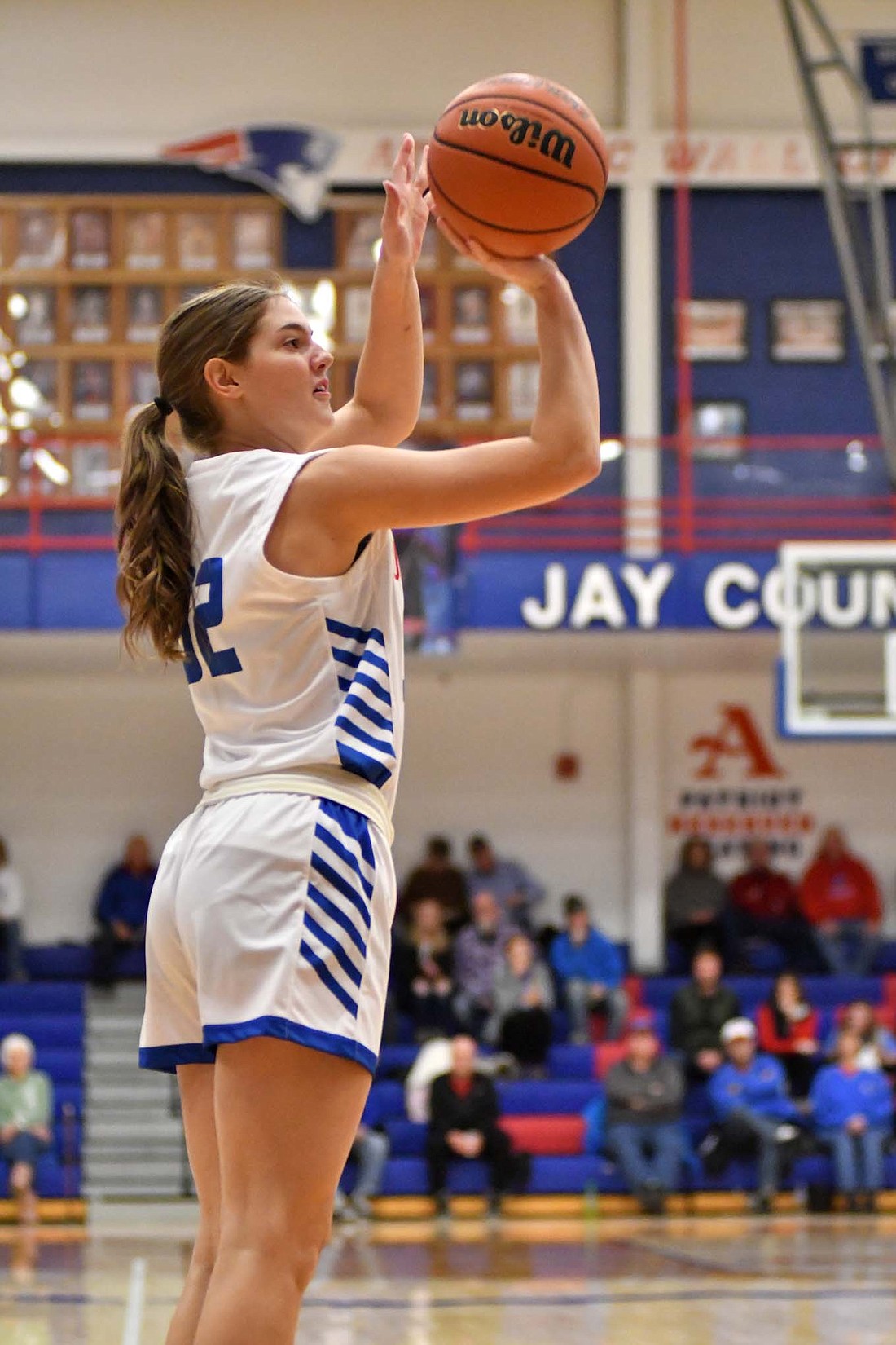 Jay County's Breanna Dirksen shoots from the right wing on Saturday in a 70-34 win that clinched an Allen County Athletic Conference title. The Jay County senior had eight points and four assists in the first quarter as JCHS stormed to a 31-9 lead. (The Commercial Review/Andrew Balko)