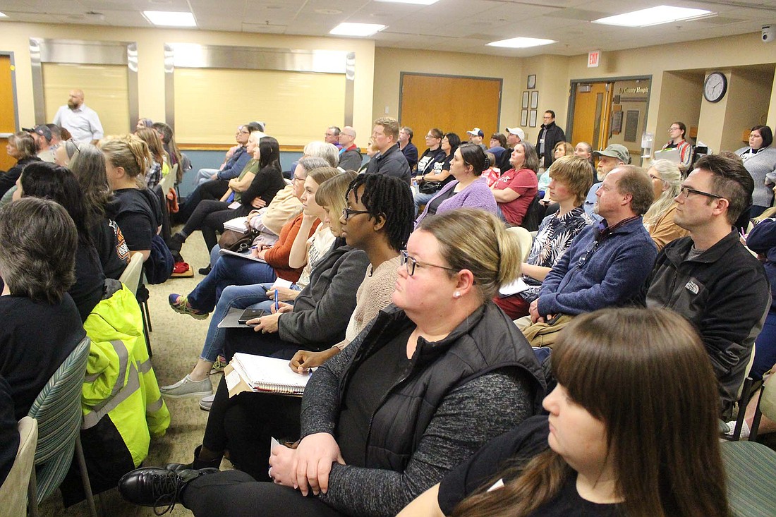 Jay County Drug Prevention Coalition led a community forum about recovery housing Wednesday. Pictured above, a large crowd gathered in the room at IU Health Jay. Several local residents wore t-shirts bearing the words “no more stigma, no more shame.” Other folks from other counties also attended, including representatives from Hope House in Marion. (The Commercial Review/Bailey Cline)