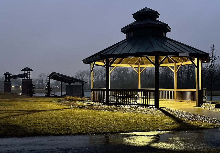 Portland Park Board spent nearly $10,000 last year to run electricity from the Hudson Family park amphitheater (background left) to the gazebo (foreground right). Portland Redevelopment Commission on Friday agreed to fund additional lighting along the path around the park’s pond for $40,000. (The Commercial Review/Ray Cooney)