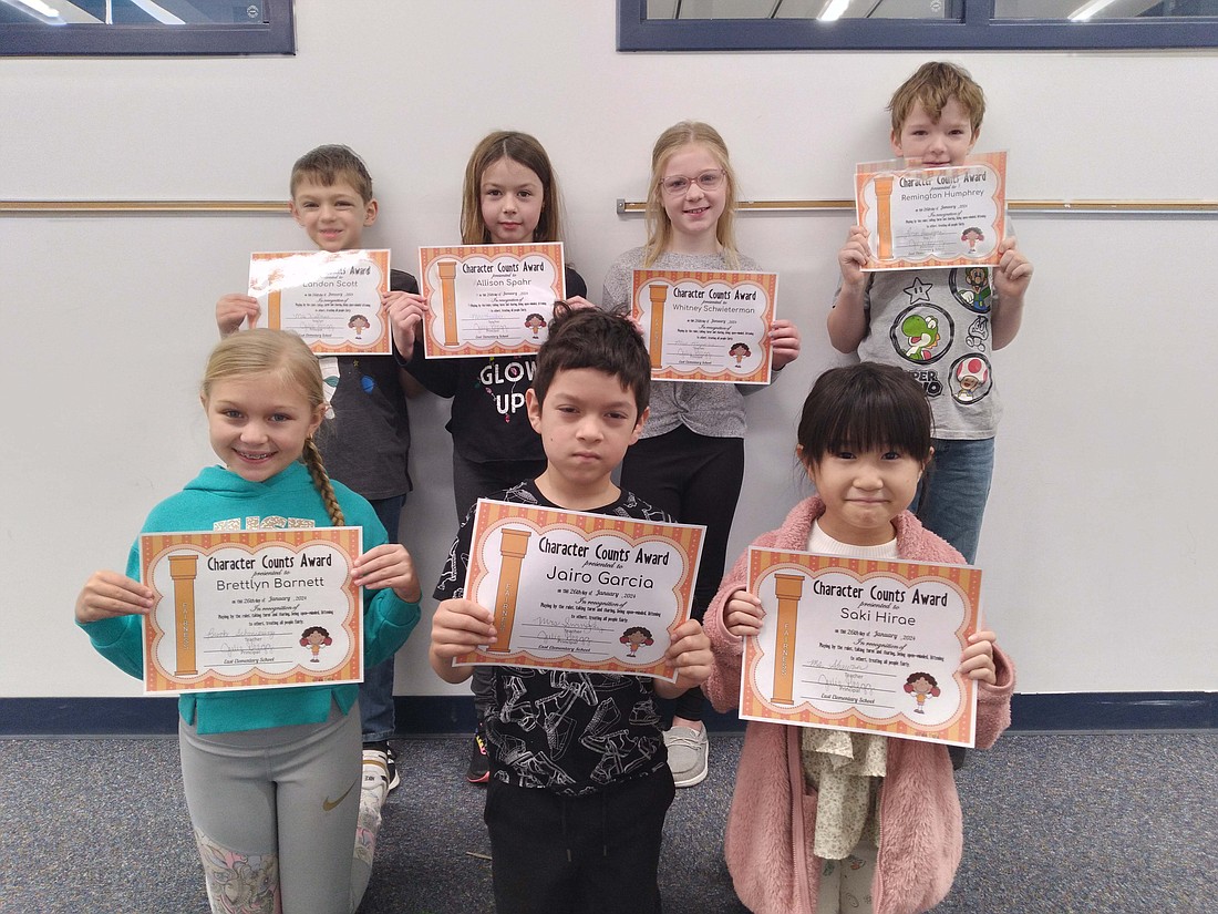 East Elementary recognized students for displaying fairness Friday. Pictured above are (front) second graders Brettlynn Barnett, Jairo Garcia and Saki Hirae, and (back) Landon Scott, Allison Spahr, Whitney Schwieterman and Remington Humphrey. (Photo provided)