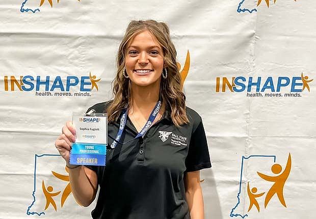 Sophia Fugiett, a 2021 Jay County High School graduate and the 2022 Miss Jay County fair queen, has been recognized by the Society of Health and Physical Educators America as one of the Major of the Year award winners. Pictured above at the Indiana SHAPE conference in November, Fugiett will travel to Cleveland, Ohio, in March to accept the award and meet with other professionals in her field. (Photo provided)