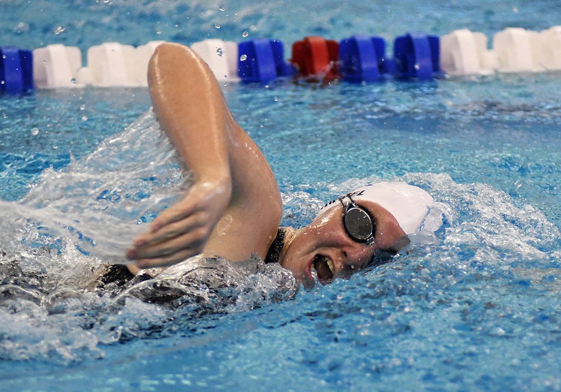 Jay County High School sophomore Sophia Hoevel swims the 200-yard freestyle Thursday night during the sectional preliminaries. Hoevel was the only member of the host Patriots to advance to the championship race in both of her individual events. The sectional meet will continue Saturday at JCHS with diving preliminaries at 9 a.m. followed by swimming and diving finals at 1 p.m.