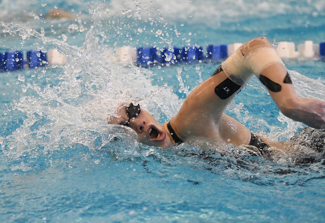 Jay County High School sophomore Maisey Keller swims the second leg of the 400-yard freestyle relay Saturday during the sectional meet. Aubrey Millspaugh, Zion Beiswanger, Sophia Hoevel and Keller teamed to place fifth in the event as the Patriots fought off Huntington North for third place overall. (The Commercial Review/Ray Cooney)