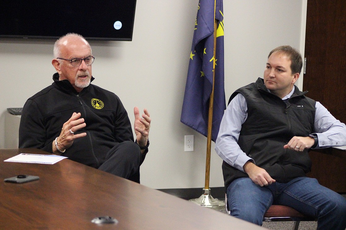 State Sen. Travis Holdman (R-Markle), left, speaks as State Rep. J.D. Prescott (R-Union City) watches Saturday during a Third House Session in Hartford City. A Third House Session with State Rep. Matt Lehman (R-Berne), Prescott and Holdman is planned for 9 a.m. March 2 at John Jay Center for Learning. (The Commercial Review/Bailey Cline)