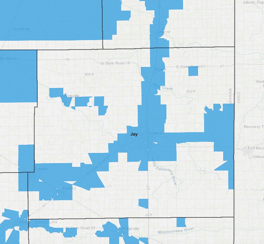 This map from indianabroadbandmap.com shows the areas (in blue) of Jay County that have download speeds of at least 100 megabytes per second and upload speeds of at least 25 megabytes per second. They are mostly consolidated in municipalities and along state and U.S. highways. The other areas of the county are generally considered to be unserved or underserved when it comes to broadband internet access. (indianabroadbandmap.com)