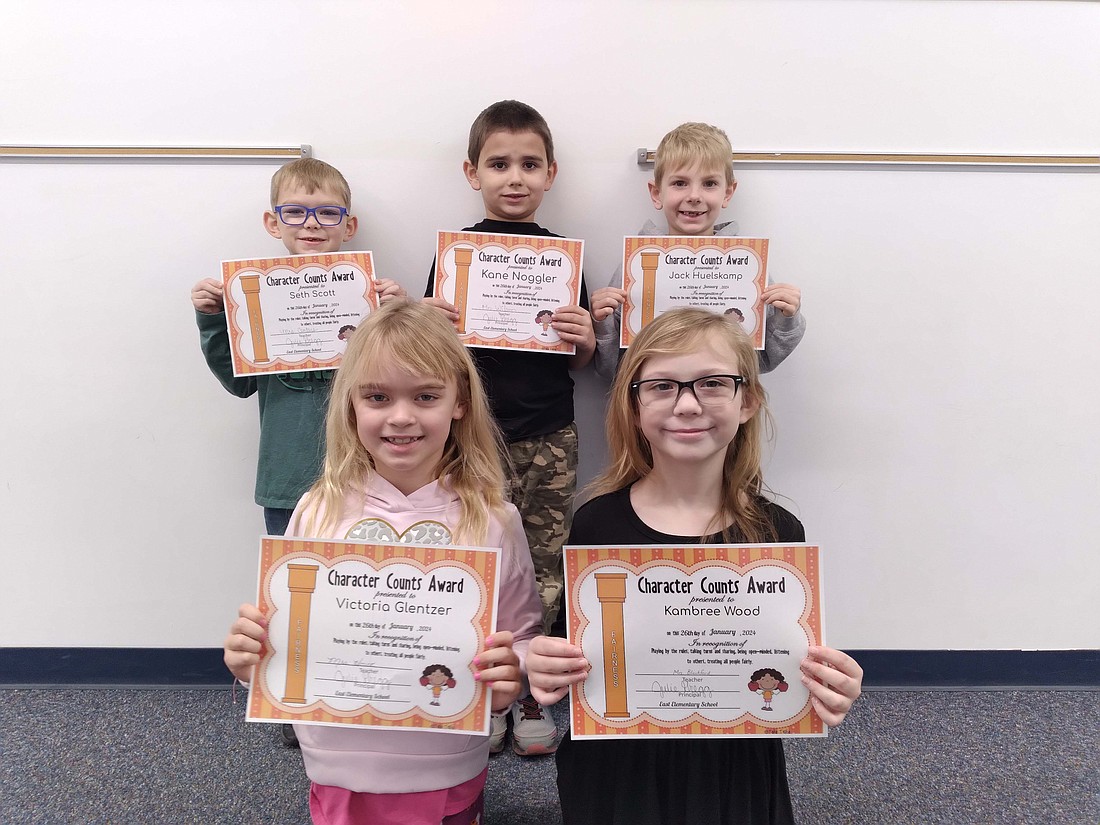 East Elementary recently recognized students for showing fairness. Pictured above, front row, are first graders Victoria Glentzer and Kambree Wood, and in the back row are first graders Seth Scott, Kane Noggler and Jack Huelskamp. Not pictured are first graders Jetzabeth Interiano and Jayden Herriford. (Photo provided)