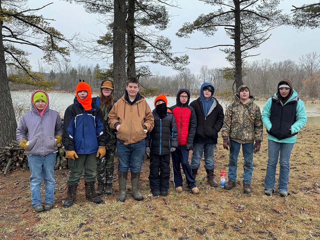 Troop 202 of Portland recently attended the 2024 Scout Klondike Camp held at the Ossian Conservation Club. Scouts spent two nights on site with competitions held on Feb. 3.  Scouts placed first in morals and first aid and third in scouting history. They also placed in the top five for sled racing, log sawing and bear bag technique. Pictured above from left are Alexa Jones, Traylin Lautzenheiser, Eli Nelson, Nathaniel Locke, Blake Jellison, Kason Sims, Varen Ridgway, Michael Young and McKayla Jones. (Photo provided)