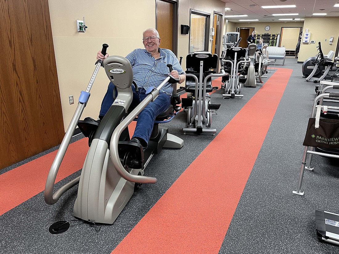 Walt Schwieterman of rural Portland works out on the exercise equipment Feb. 7 at the new cardiopulmonary rehabilitation center at IU Health Jay. The new facility, for which plans were first announced in December 2020, opened last month and will celebrate with an open house from 2 to 4 p.m. Thursday. (The Commercial Review/Ray Cooney)