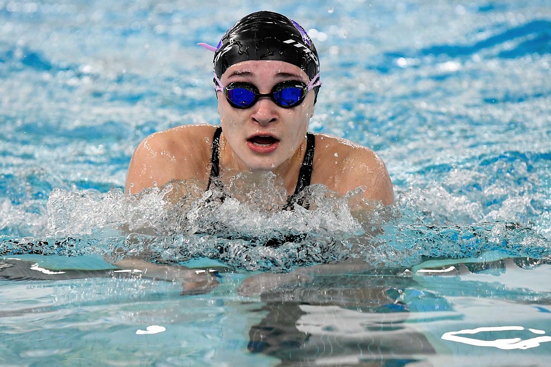 Paige Guggenbiller swims the breaststroke during the Division II sectional swim meet at Ayersville Jan. 10. Guggenbiller along with five other Indians will compete at the district meet Friday held at Bowling Green State University. (Special to The Commercial Review/Kim Wendel)