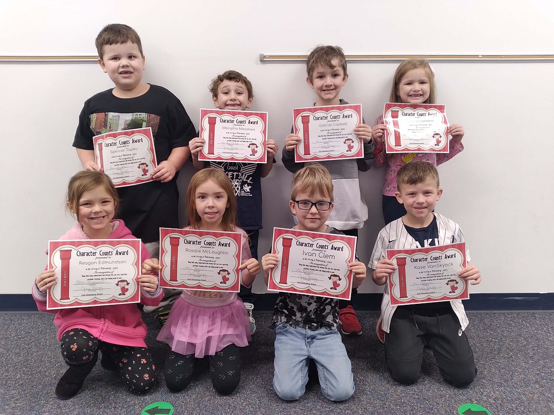 East Elementary recently awarded students for being caring. Pictured above are kindergarteners (front row) Reagan Edmundson, Rosalie McLaughlin, Ivan Clem and Kase VanSkyock and (back row) Spencer Tapley, Memphis Meadows, Gabriel Caldwell and Leanah Landers. (Photo provided)