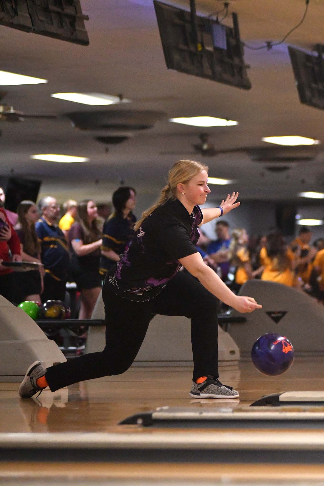 Fort Recovery's Ella Schoen releases her Motiv Venom during the second individual game of the OHSAA Division II state tournament at H.P. Lanes in Columbus, Ohio on Saturday. The Indians struggled in the second individual game and baker play to come up 13 pins short of making the top-eight teams and bracket play. (The Commercial Review/Andrew Balko)