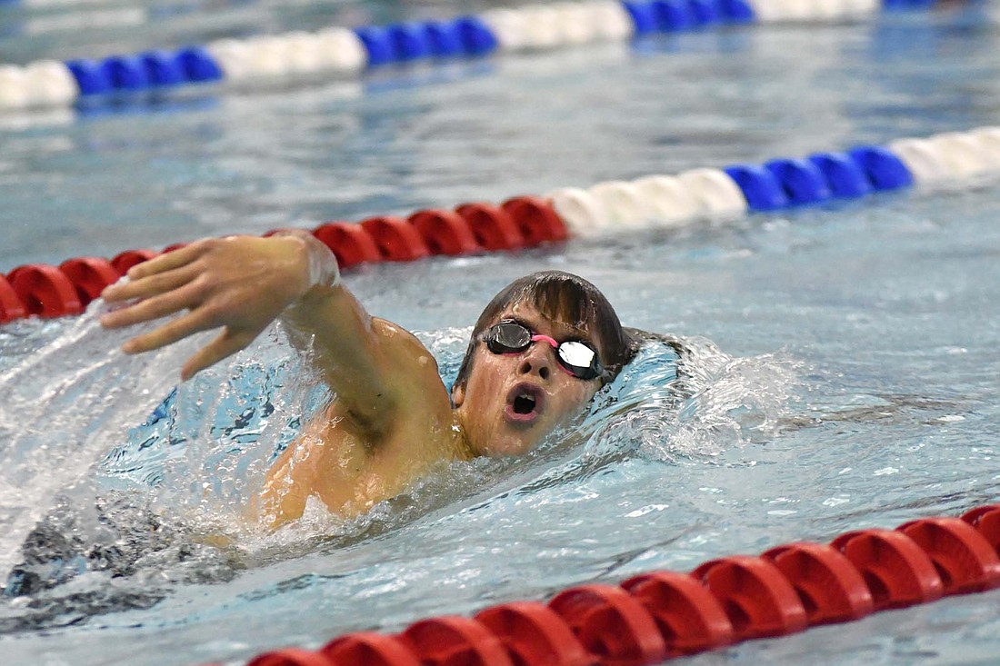 Raif Beiswanger of Jay County Junior High School swims the 200-yard freestyle during Monday’s meet against Bellmont. Beiswanger won the event with a time of as well as the 100 backstroke en route to a sweep of the Braves. (The Commercial Review/Andrew Balko)