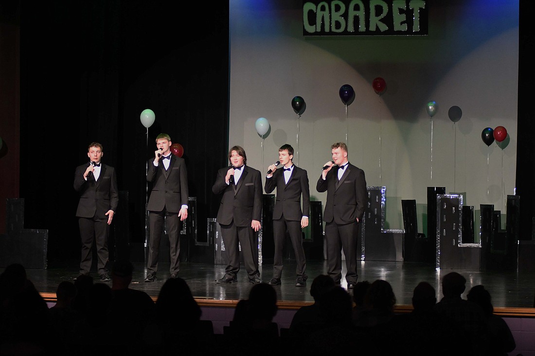 Matthew Marchal, Josh Evers, Isaac Brockman, Trevor Heitkamp and Caden Marchal perform “Peace is Flowing Like a River” during the Fort Recovery Local Schools Cabaret 2024 on Sunday evening. For more photos, visit thecr.com. (The Commercial Review/Ray Cooney)