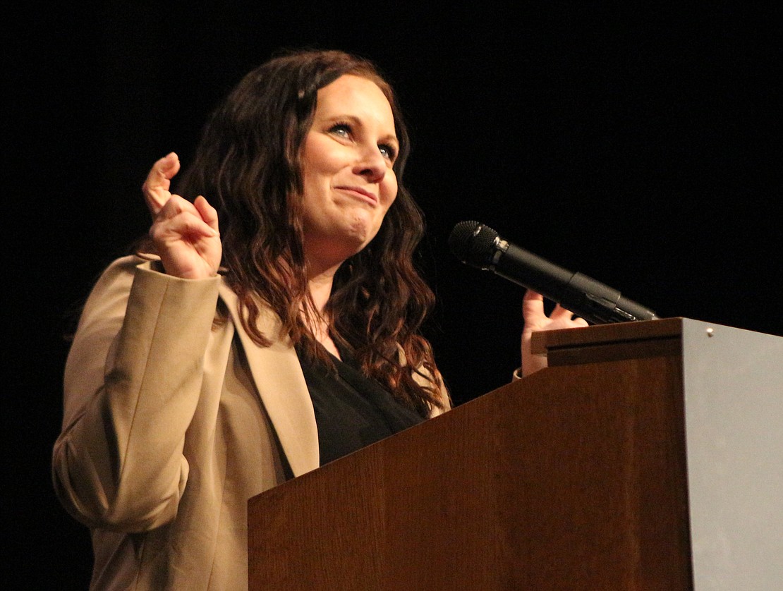 Megan Wendel speaks Sunday during the Fort Recovery Chamber of Commerce awards banquet at Fort Recovery Elementary Middle School. Wendel was named as the 2023 Citizen of the Year for her active community presence both as a leader of various organizations and in her volunteer efforts. (The Commercial Review/Bailey Cline)