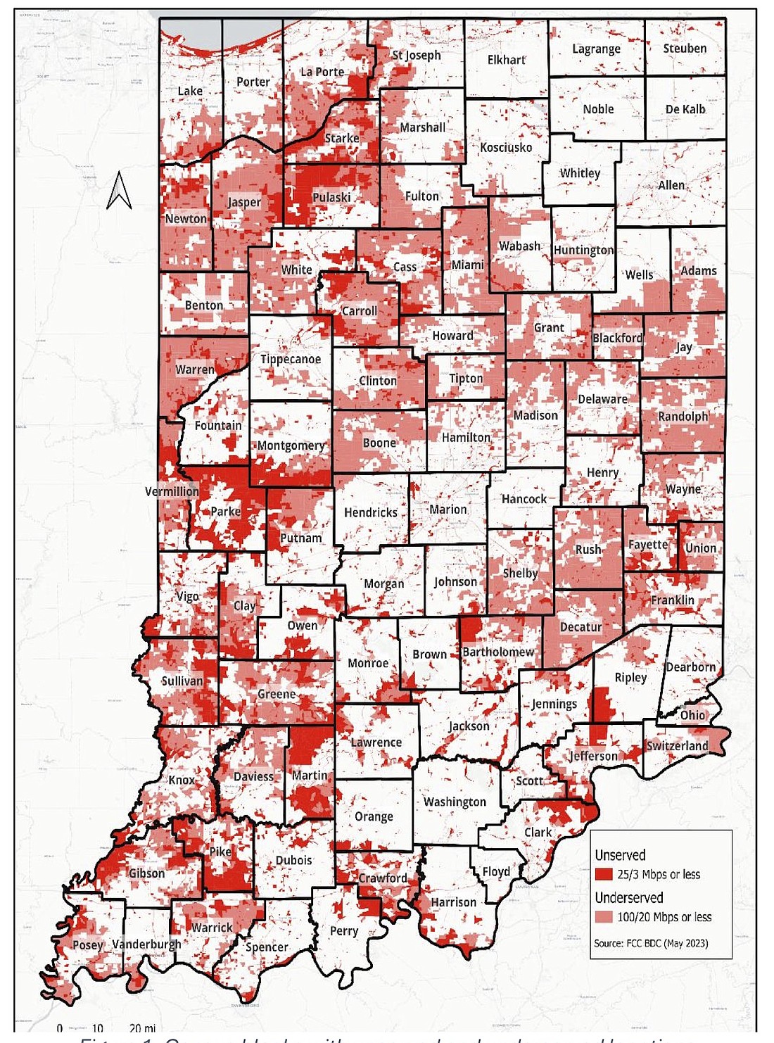 The map above from the Connecting Indiana five-year action plan shows areas of the state that are considered unserved and underserved for high-speed internet according to Federal Communications Commission data from May. Jay County is in the process of gathering data to challenge FCC data as part of seeking federal funding for the expansion of internet access. (Indiana Broadband)