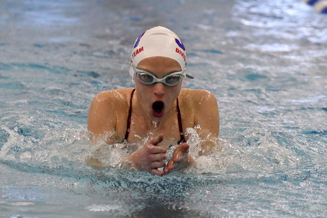 Gabrielle Gibson swims the breaststroke leg of the 200-yard medley relay on March 4. On Monday, Gibson swam the 50 butterfly, which she won with a time of 36.49 seconds. (The Commercial Review/Andrew Balko)