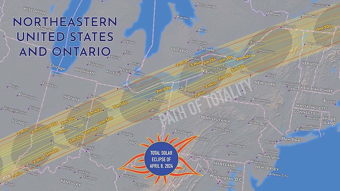 The above graphic shows the path of the April 8 solar eclipse. The path includes Jay, Randolph and Blackford counties, with Randolph County expected to have the longest span at nearly four minutes. A variety of activities and events are planned and local emergency responders are planning for an influx of visitors. (GreatAmericanEclipse.com/Michael Zeiler)