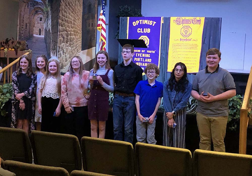 Jay County Optimist clubs held their county oratorical contest March 18 at Jay County Christian Academy. Pictured above from left are finalists Adelee Rigby, Anna Fisher, Londyn Cavanaugh, Alyha Gilbert, Leah Steed and Benjamin Mahon, and alternates Colby Retter, Angelina Geesaman and Adam Keesler. The district oratorical contest will be April 11 at Jay County Christian Academy. (Photo provided)