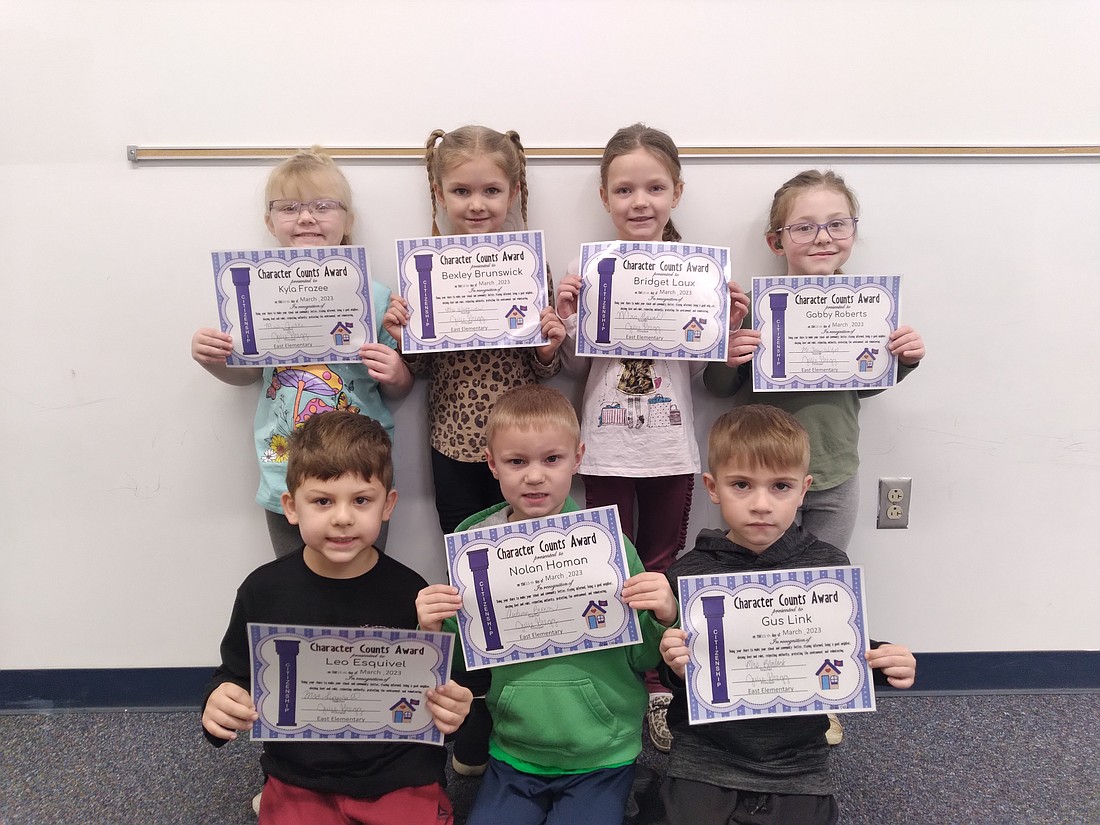 East Elementary recently awarded students for demonstrating citizenship. Pictured above are kindergarteners (front row) Leo Esquivel, Nolan Homan and Gus Link and (back row) Kyla Frazee, Bexley Brunswick, Bridget Laux and Gabby Roberts. (Photo provided)