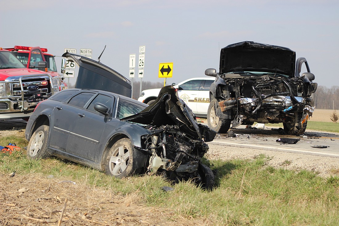 The two vehicles pictured above collided about 4:15 p.m. Thursday at the intersection of Indiana 1 and Indiana 26 in rural Portland. An 8-year-old girl, Adalynn Patrick, sustained severe head trauma from the crash and was in critical condition Friday at Riley Hospital for Children in Indianapolis. (The Commercial Review/Bailey Cline)