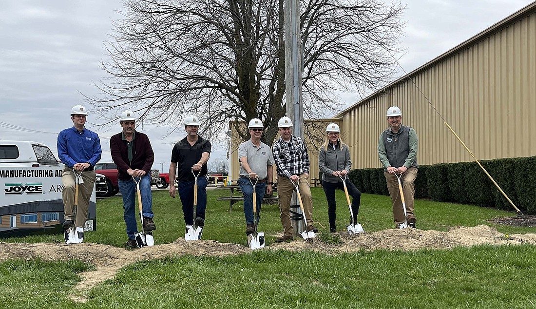 Joyce/Dayton officials, including company president Brad Weiss, held a groundbreaking ceremony Wednesday morning for an expansion of its manufacturing facility on the north side of Portland. The almost $9 million project will involve expanding on the south side of the facility to add more manufacturing capability and improve efficiency. (The Commercial Review/Ray Cooney)