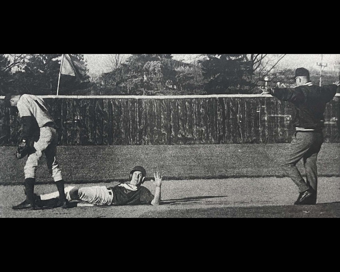 The umpire rules Jay County High School’s Derek Bantz safe at second base during the Patriots’ 9-8 comeback victory over visiting Marion on April 12, 1999. (The Commercial Review/Dan Gelston)